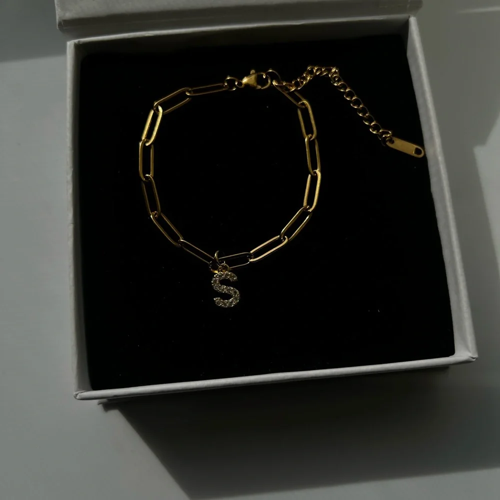 Gold Initial S Charm paper clip Bracelet